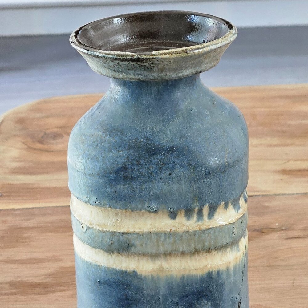 Drip glaze, blue, tan & grey layered Handcrafted studio art pottery vase